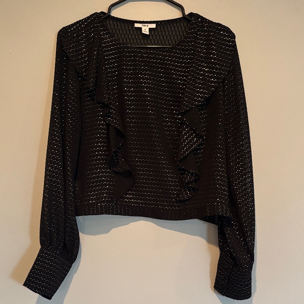 Bar III Black Top with Metallic Threading and Ruffle Front